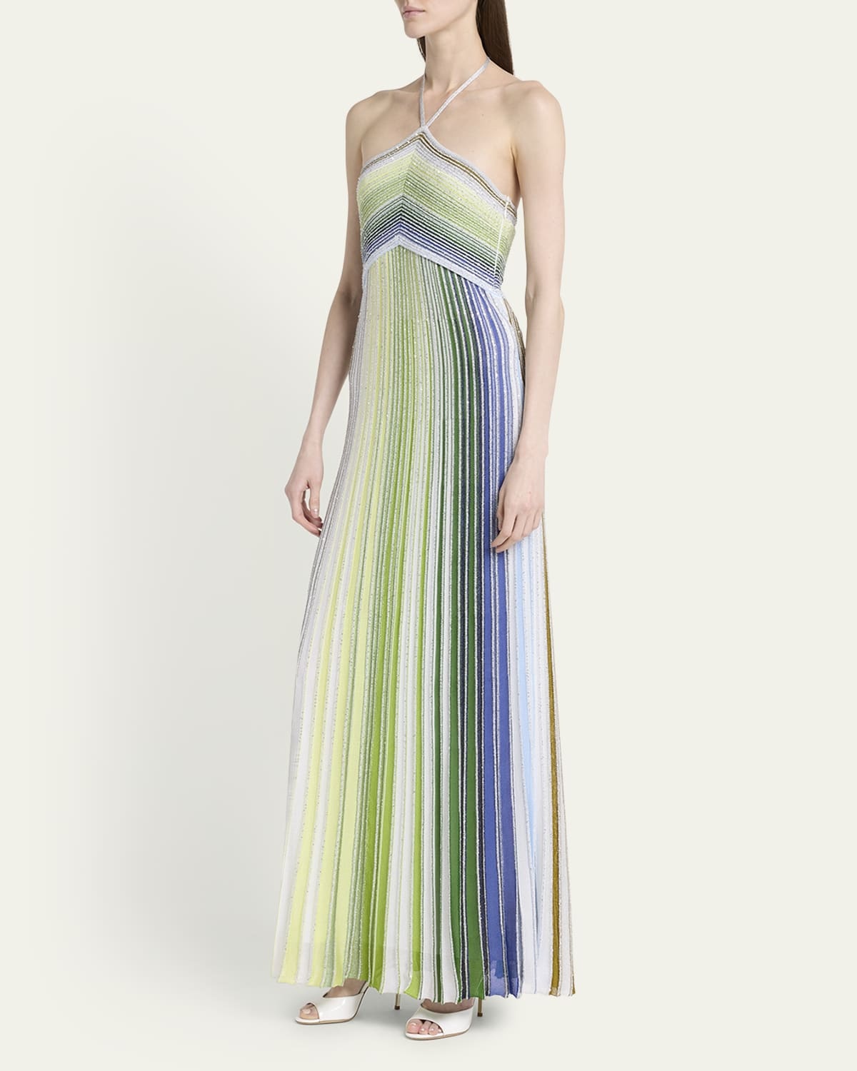 Missoni Paillette Stripe Pleated Knit Halter Maxi Dress