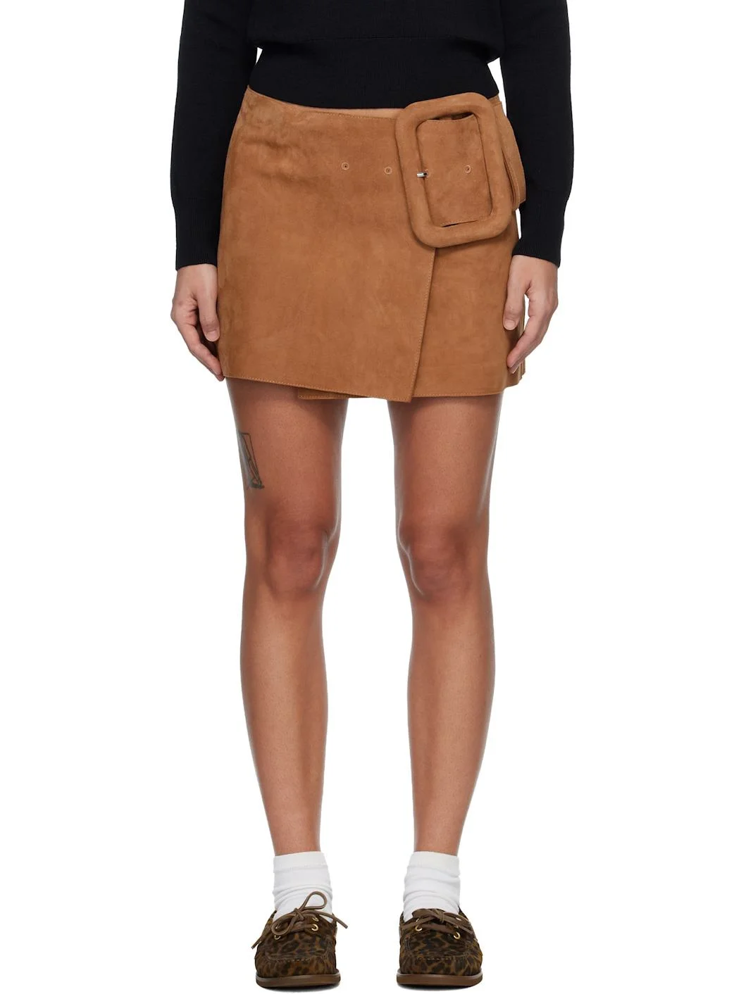 Tan Goat Leather Big Buckle Belted Miniskirt - 1