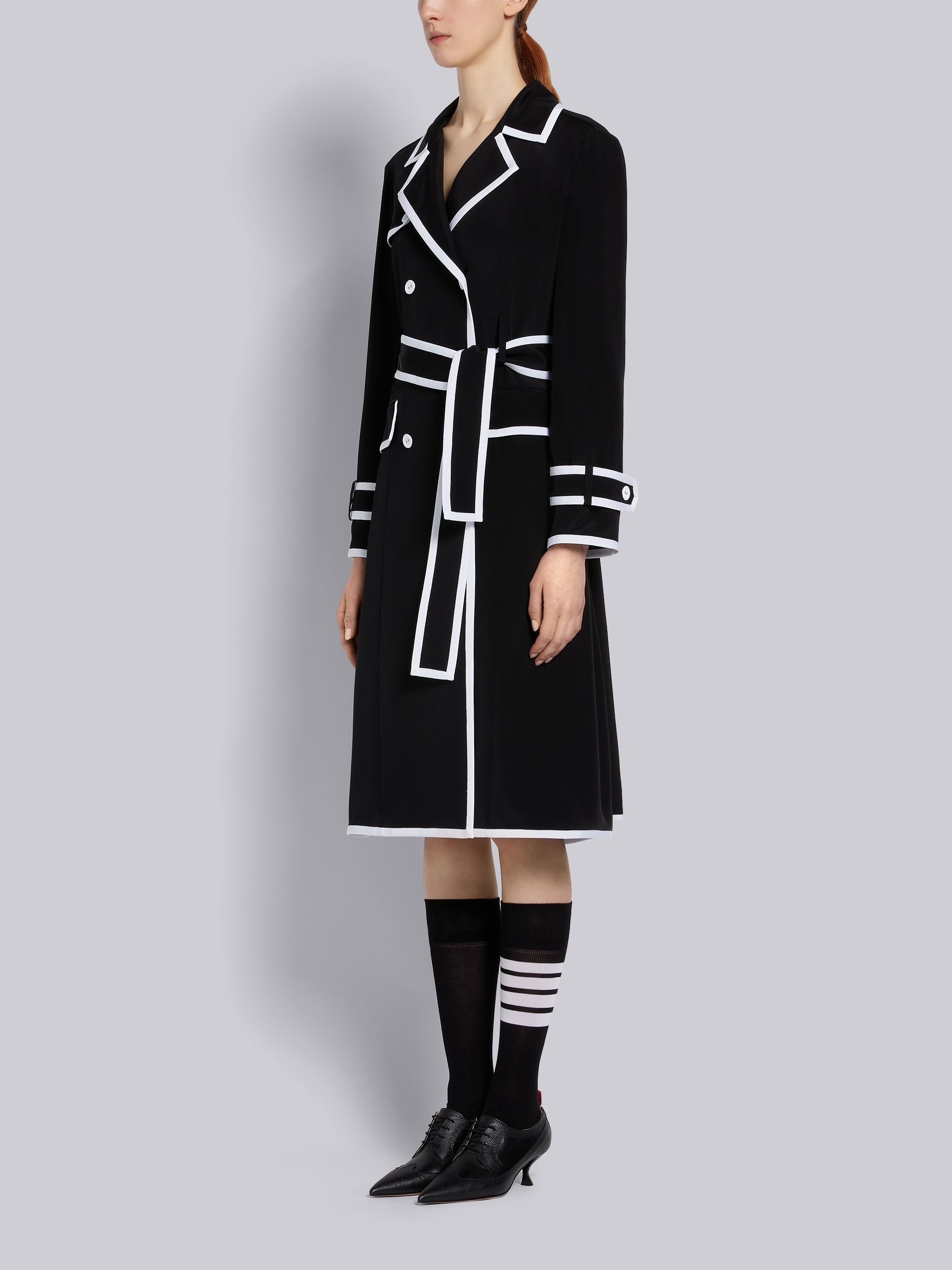 Black Double Crepe Silk Grosgrain Tip Trenchcoat Dress - 2