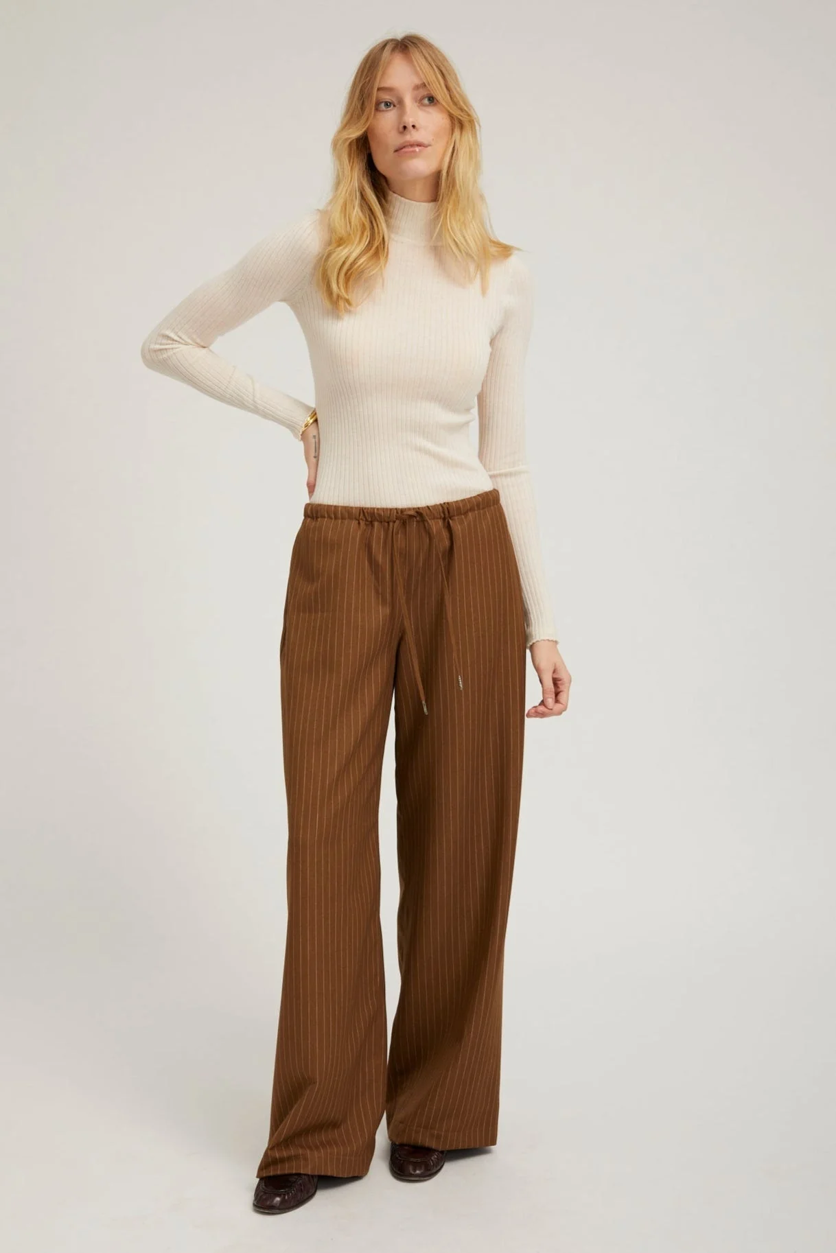 CAMEL STRIPE DRAWSTRING PANTS - 1