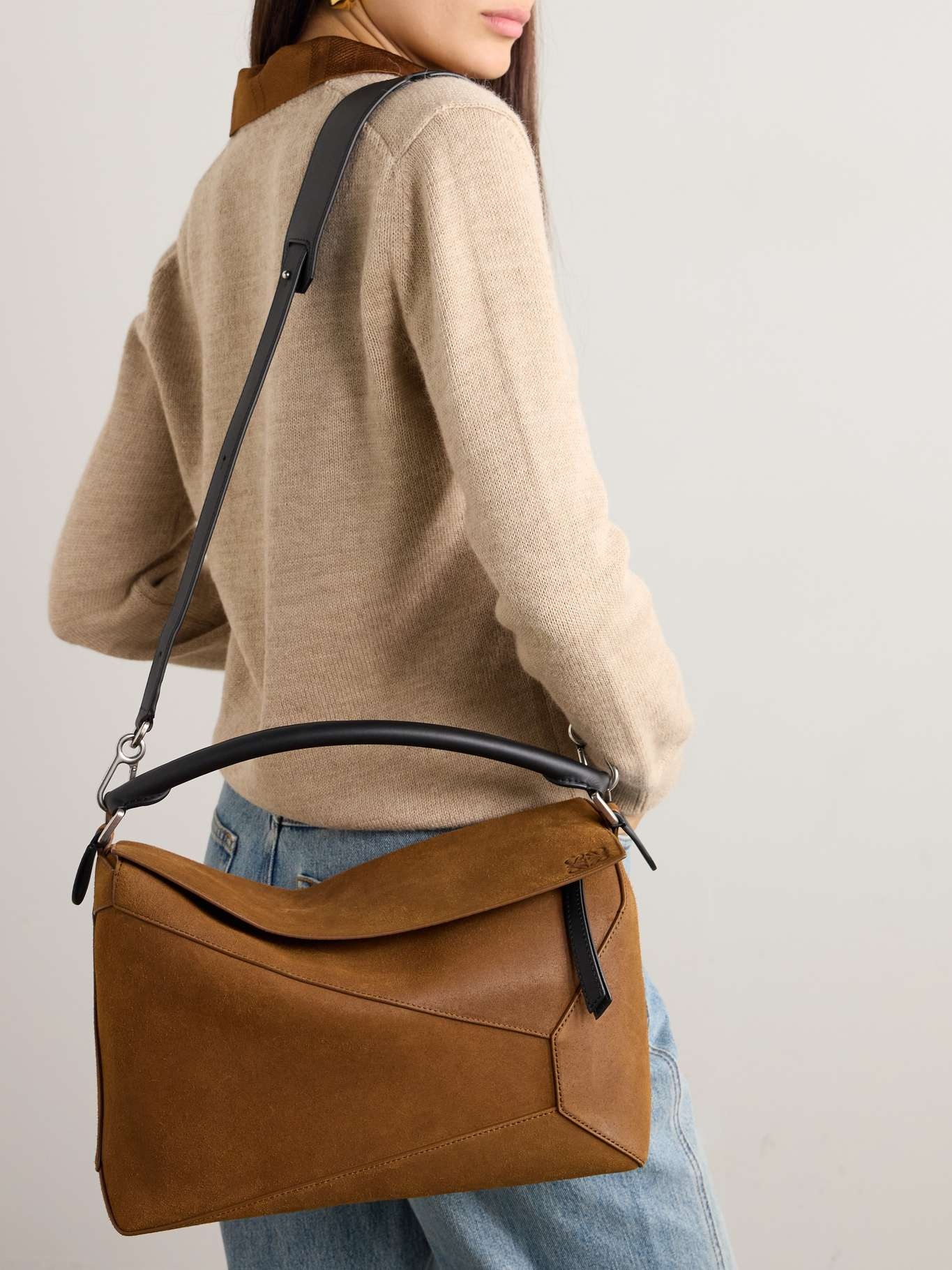 Puzzle Edge large leather-trimmed suede shoulder bag - 6