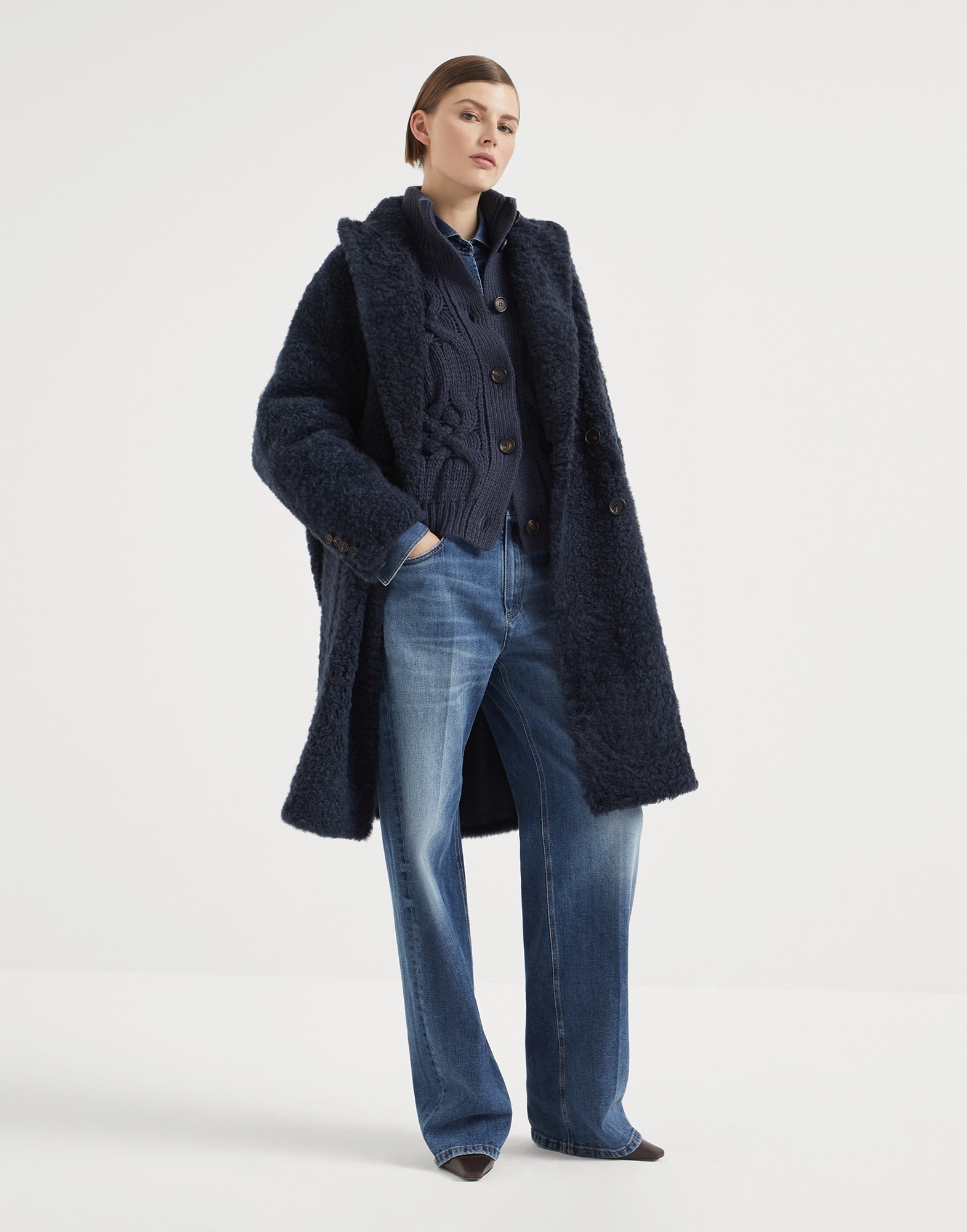 Frosty-effect shearling coat with monili - 5