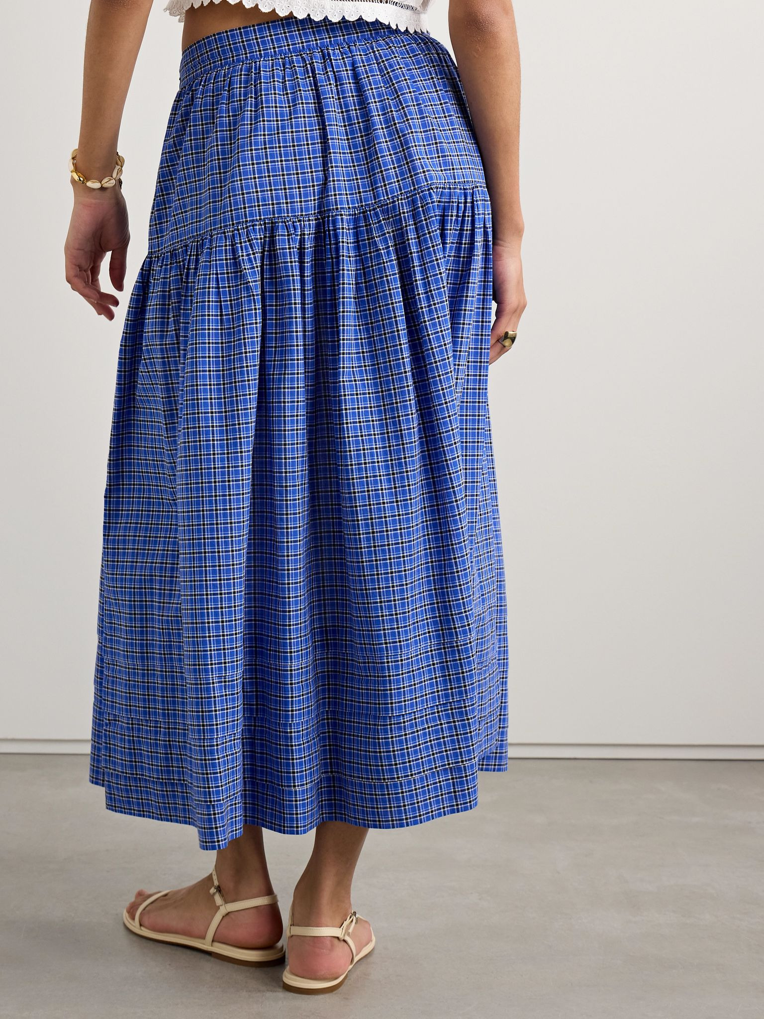 Sebastiane tiered checked voile midi skirt Blue - 3