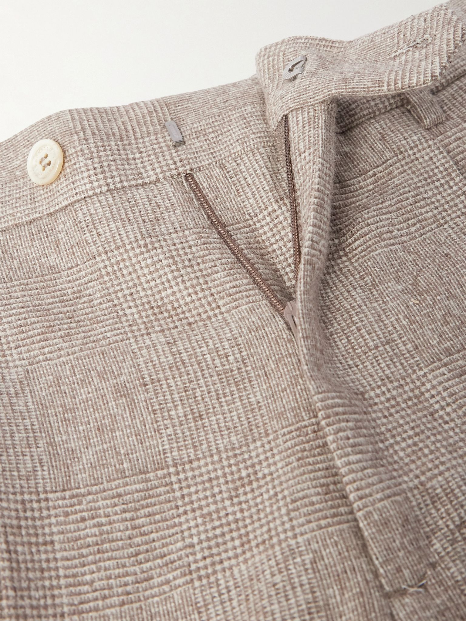 Tapered Pleated Prince of Wales Checked Silk, Wool and Cashmere-Blend Flannel Suit Trousers Beige - 6