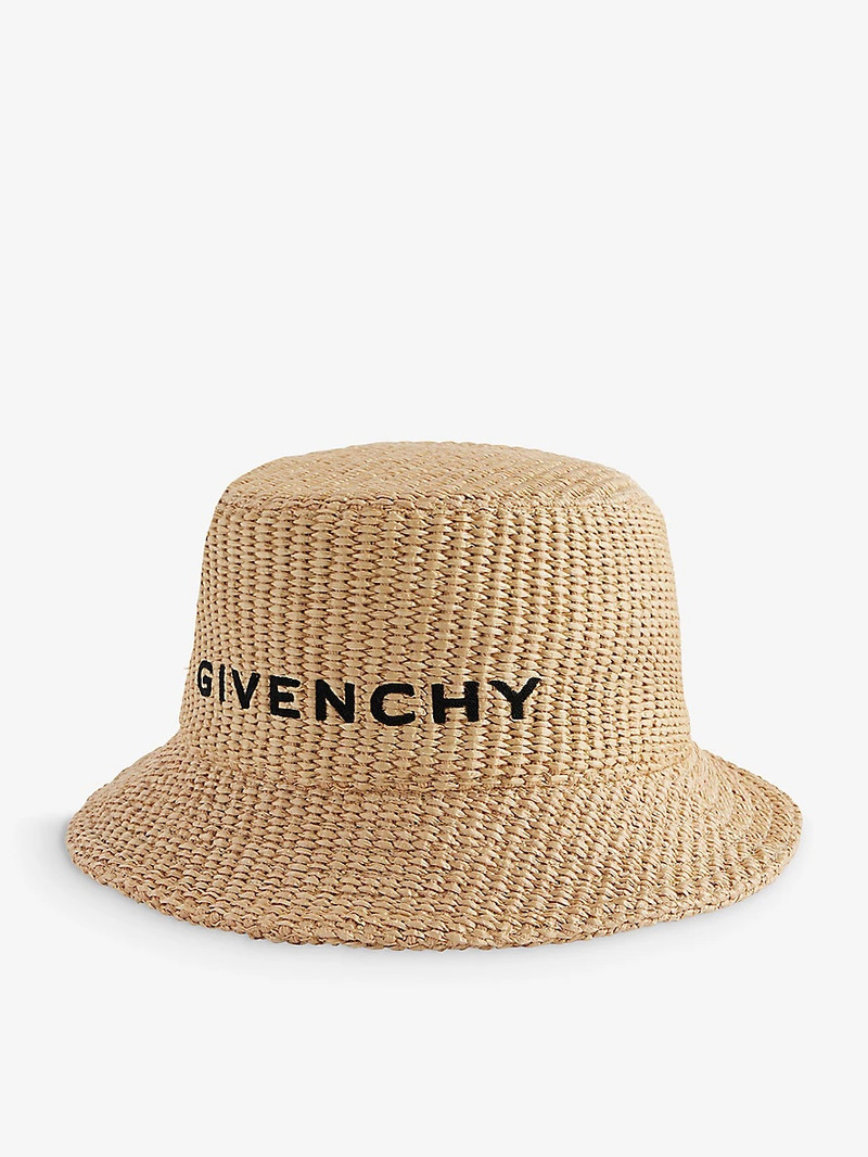 Brand-embroidered raffia bucket hat 1