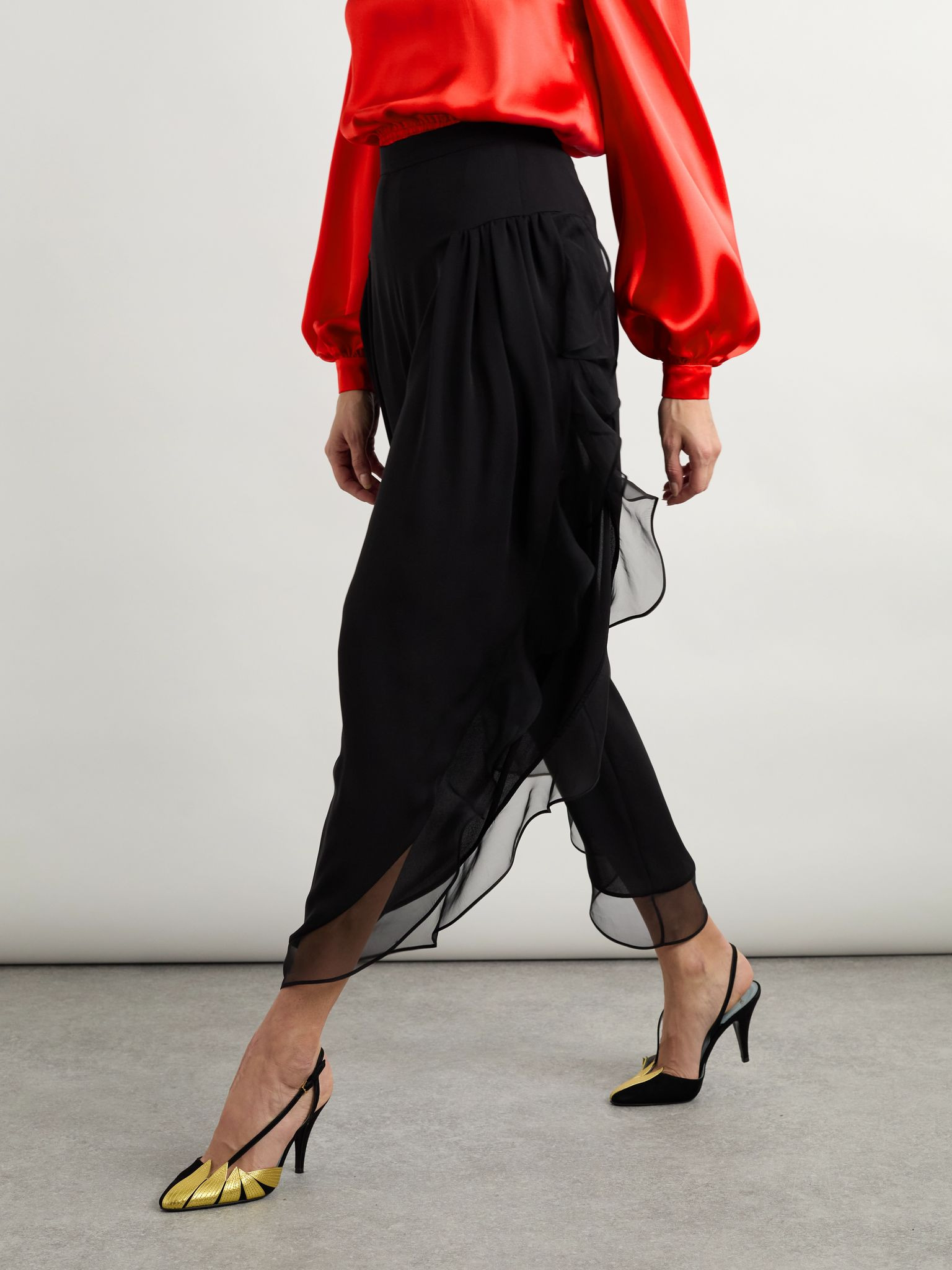 Asymmetric ruffled silk-chiffon wide-leg pants Black - 3