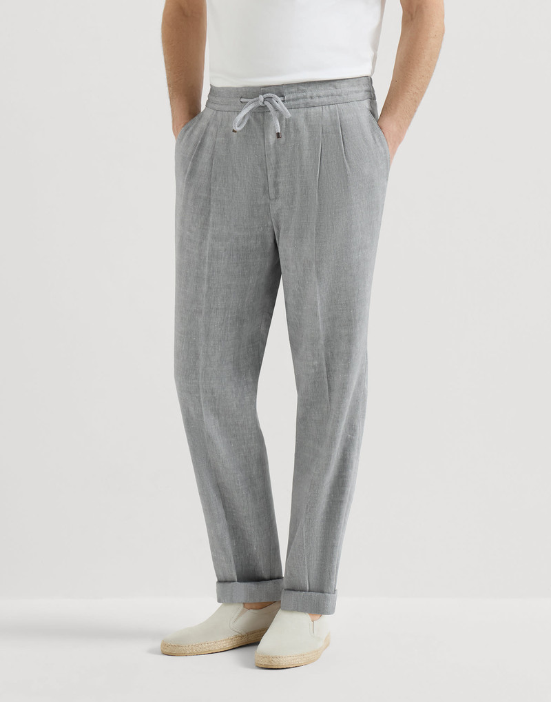 Linen and virgin wool chevron trousers with drawstring and double pleats 2