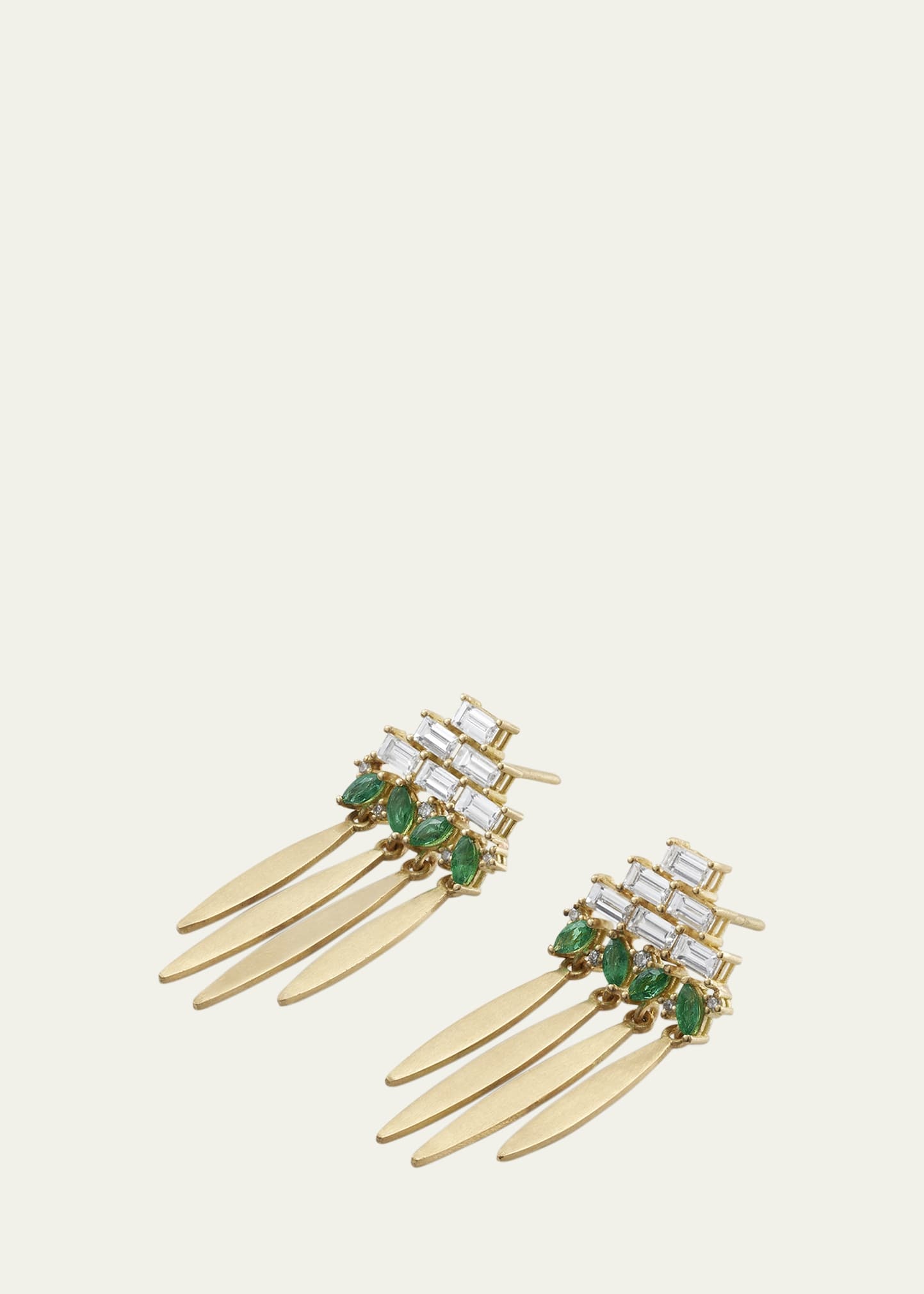 18K Yellow Gold Grass Spike Earrings with Diamonds and Emeralds - 3