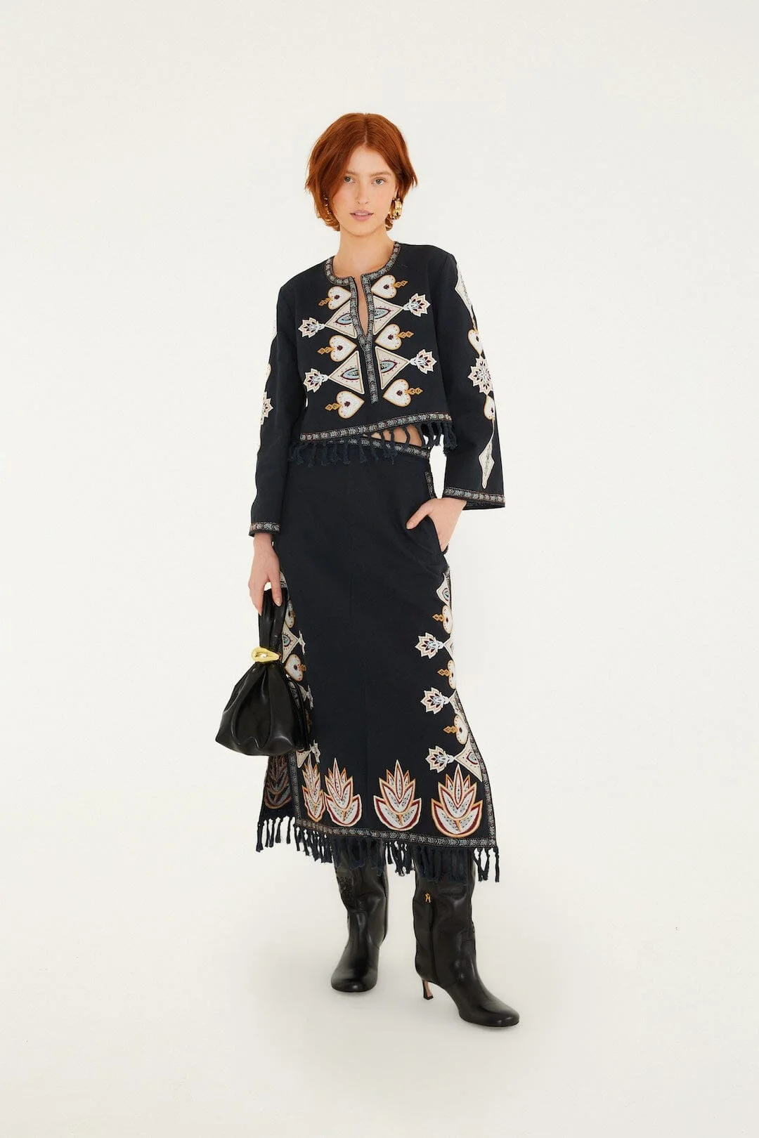 Embroidered Fringe Midi Skirt - 1