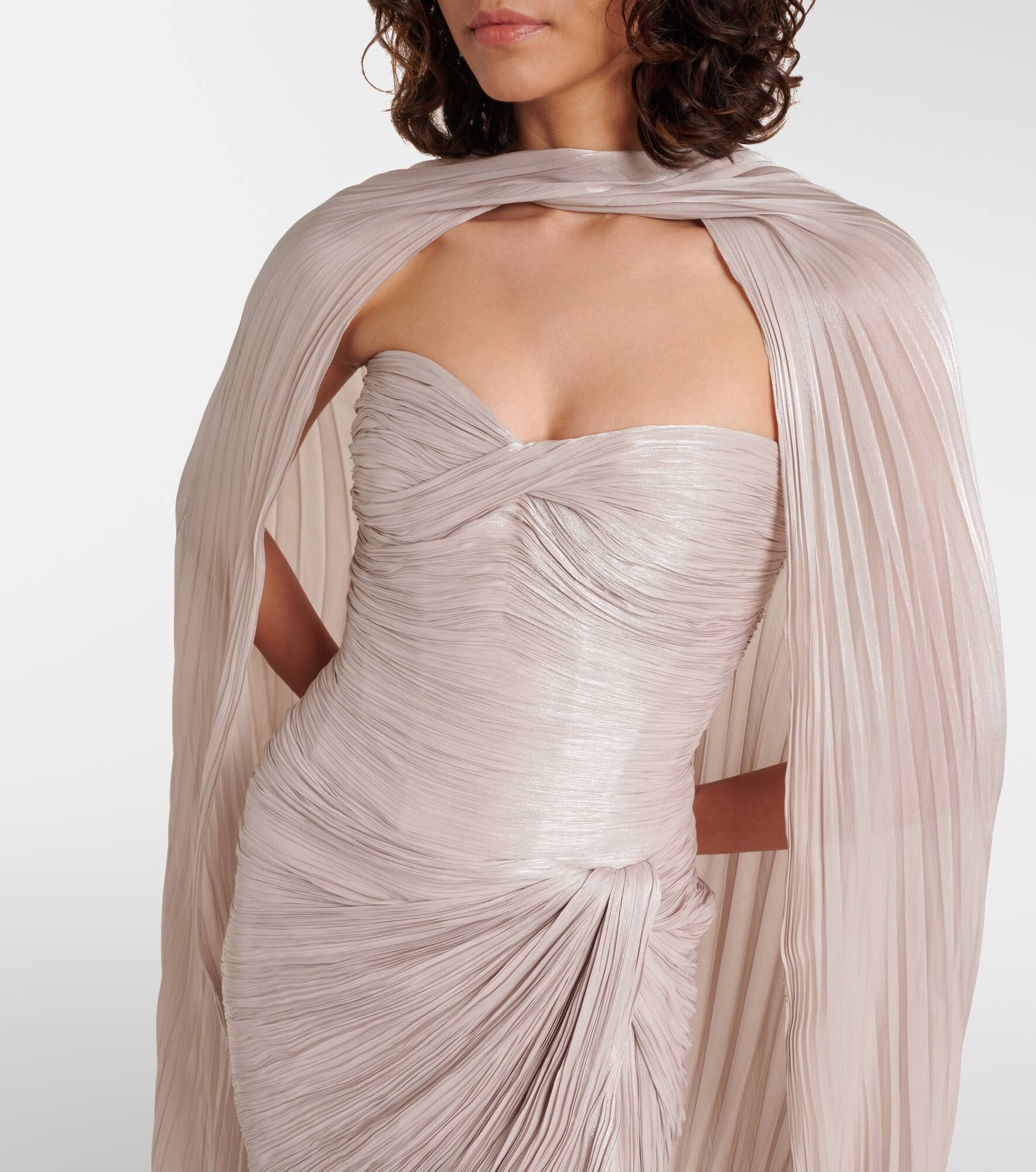 Caped gathered pleated silk gown - 4