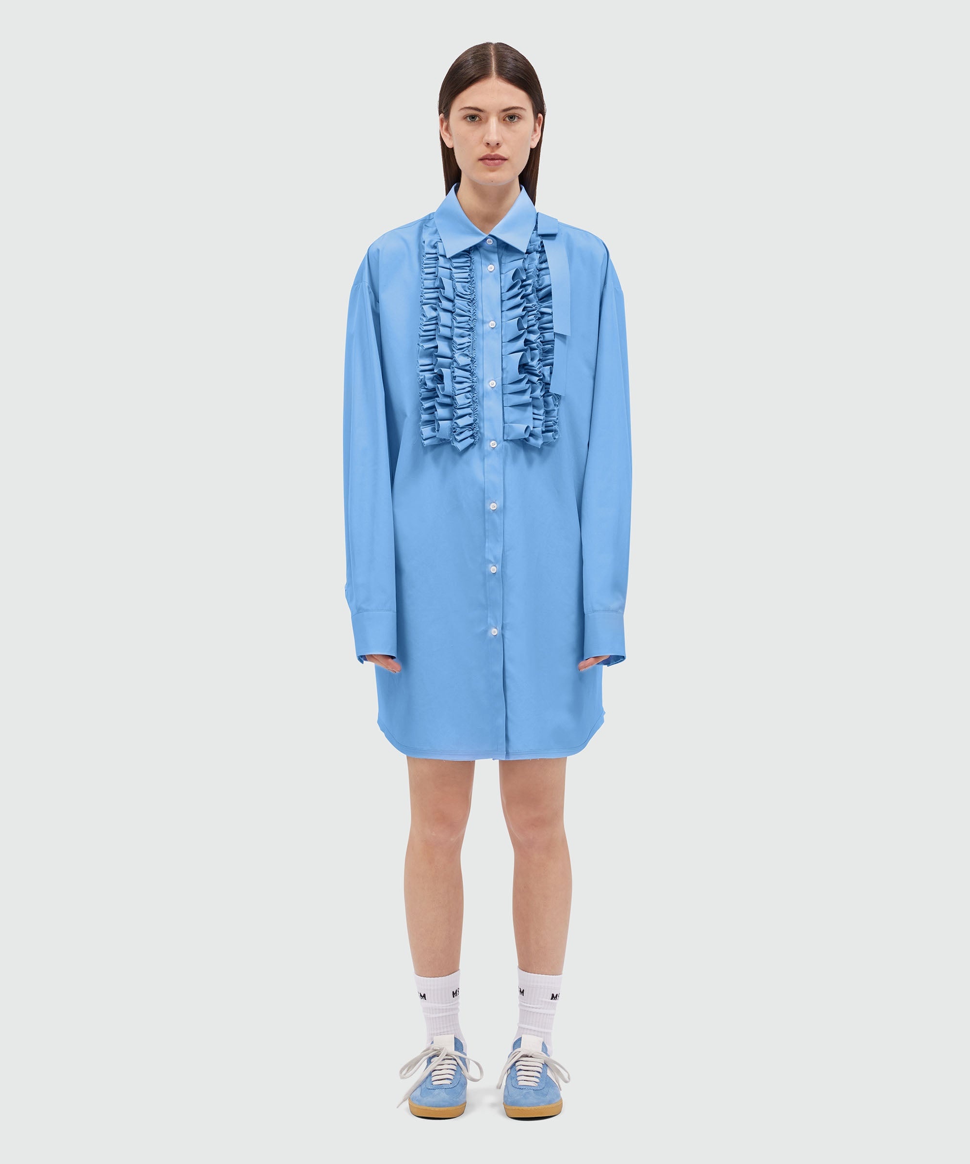 Light blue poplin shirt dress with ruffles - 2