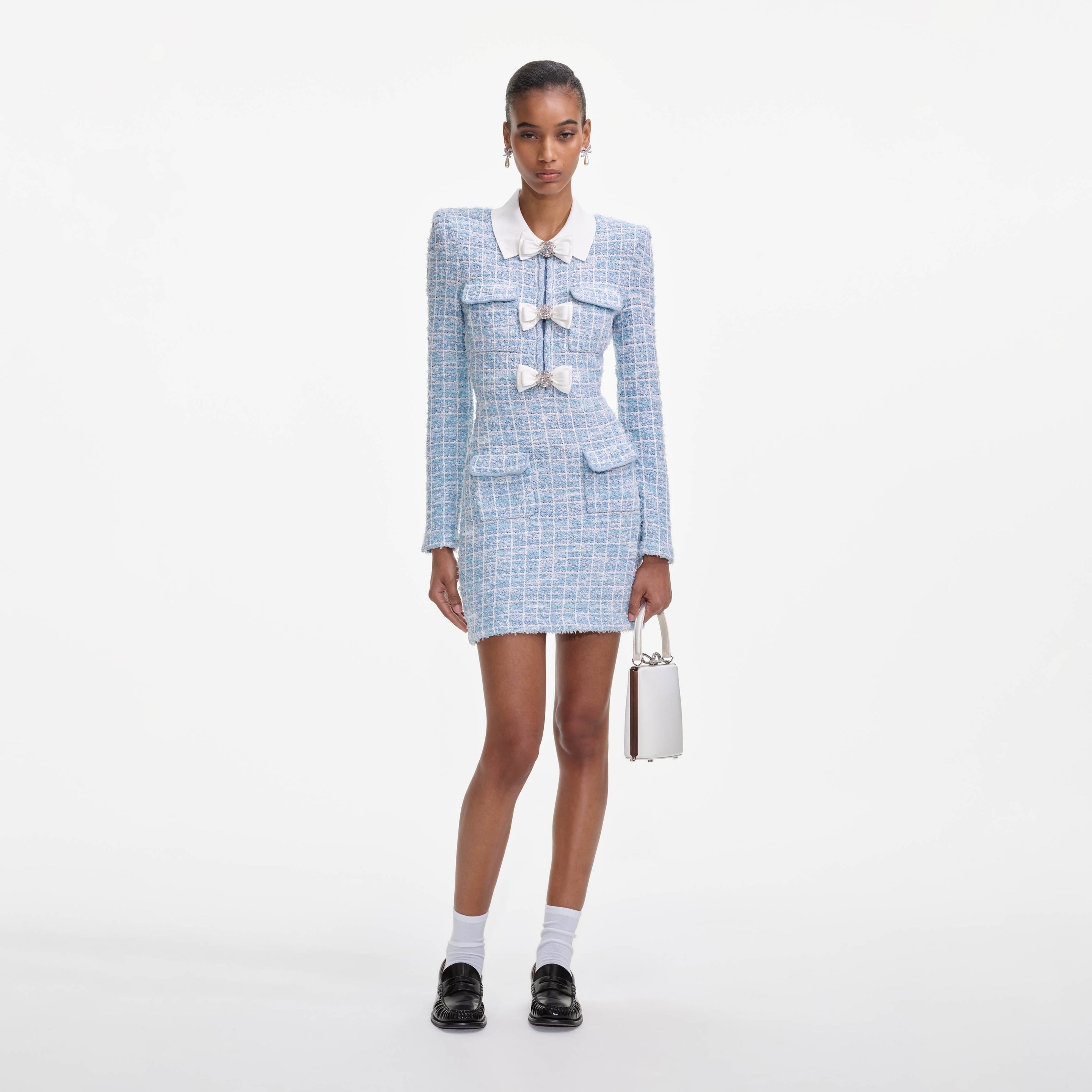 Blue Check Collared Knit Mini Dress - 1