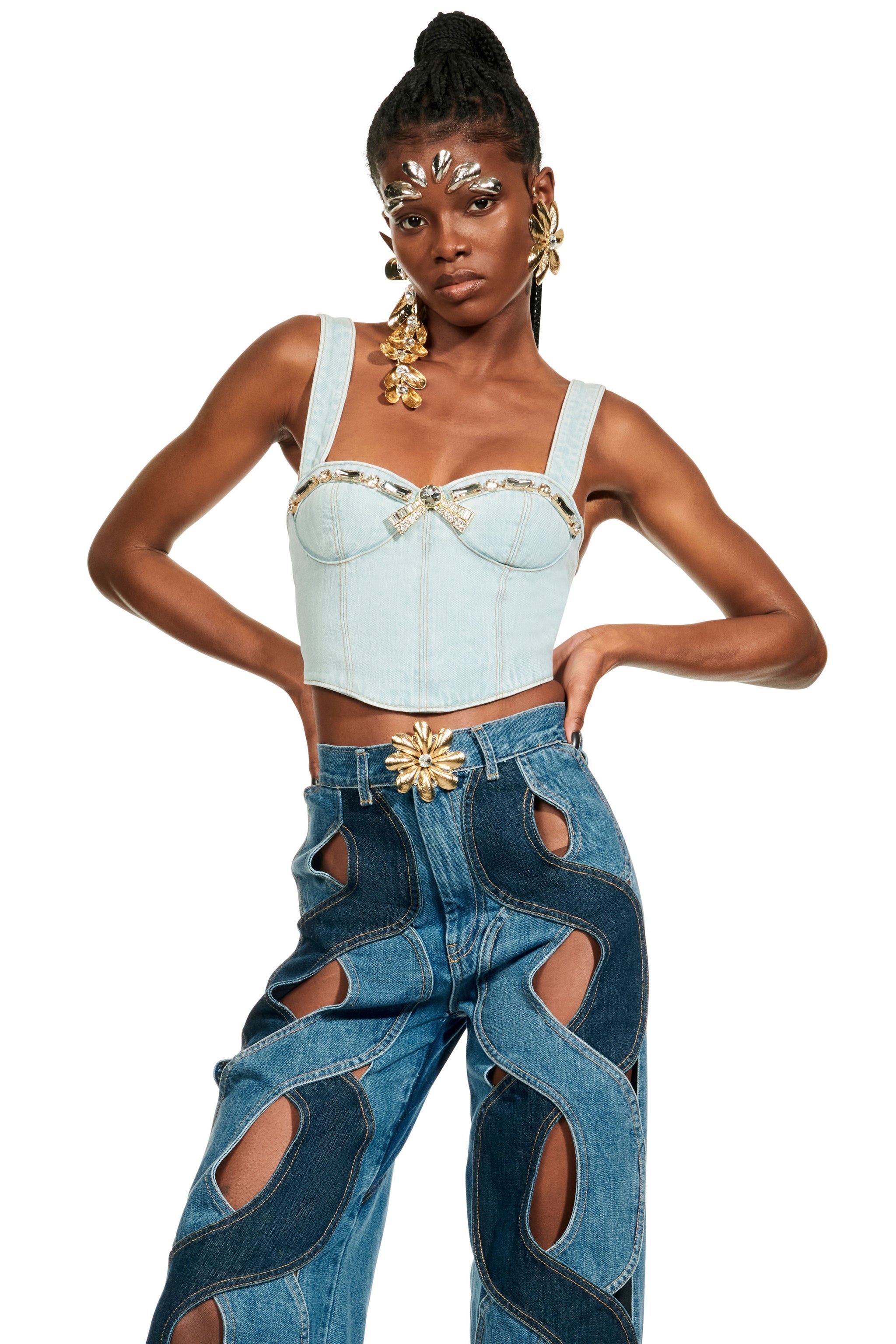 CRYSTAL TRIM DENIM BUSTIER - 1