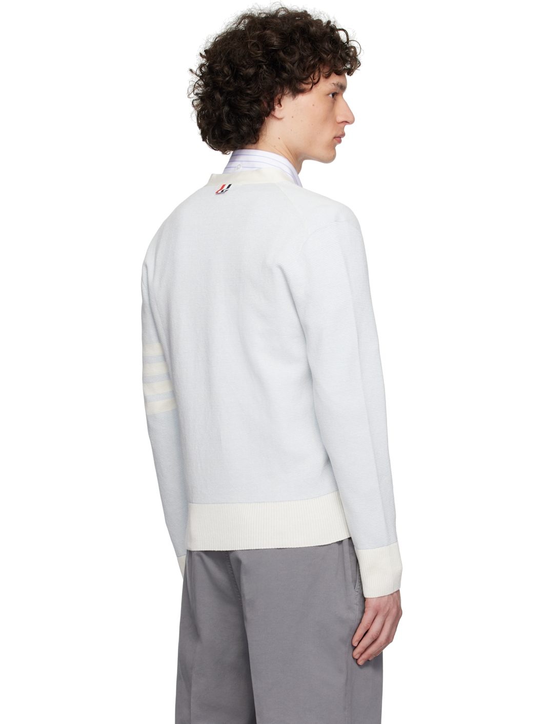 Blue Linen Cotton 4-Bar Relaxed Fit Cardigan - 3