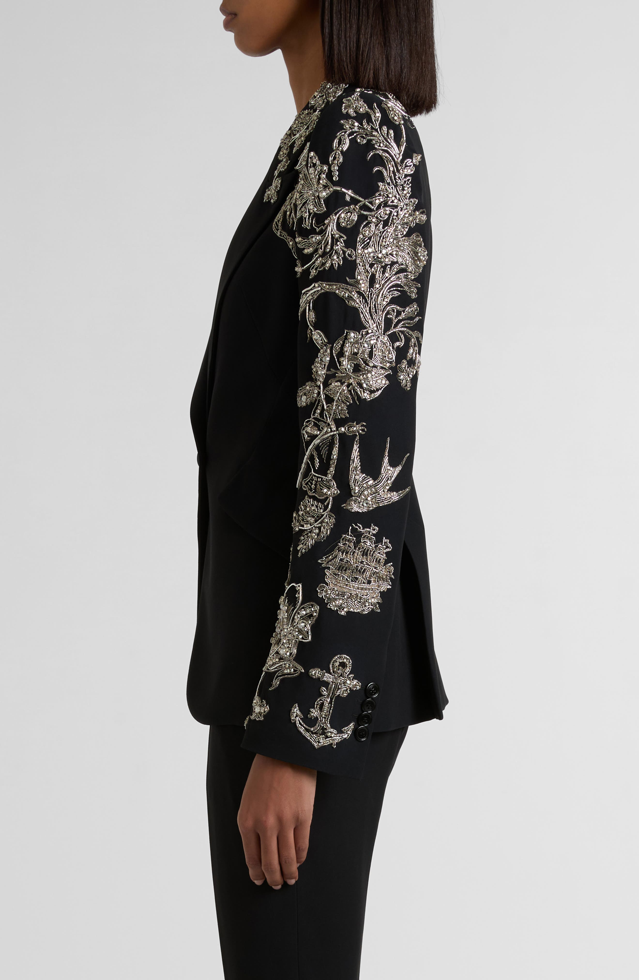 McQueen Tattoo Embroidery Peak Shoulder Crepe Blazer in Black at Nordstrom - 3