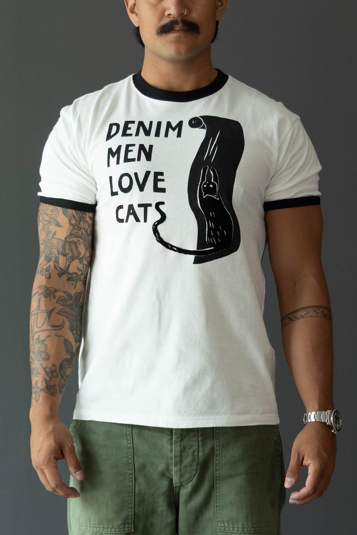 20/-JERSEY RINGER T (DENIM MEN LOVE CATS SCRATCH) - WHITE - 2