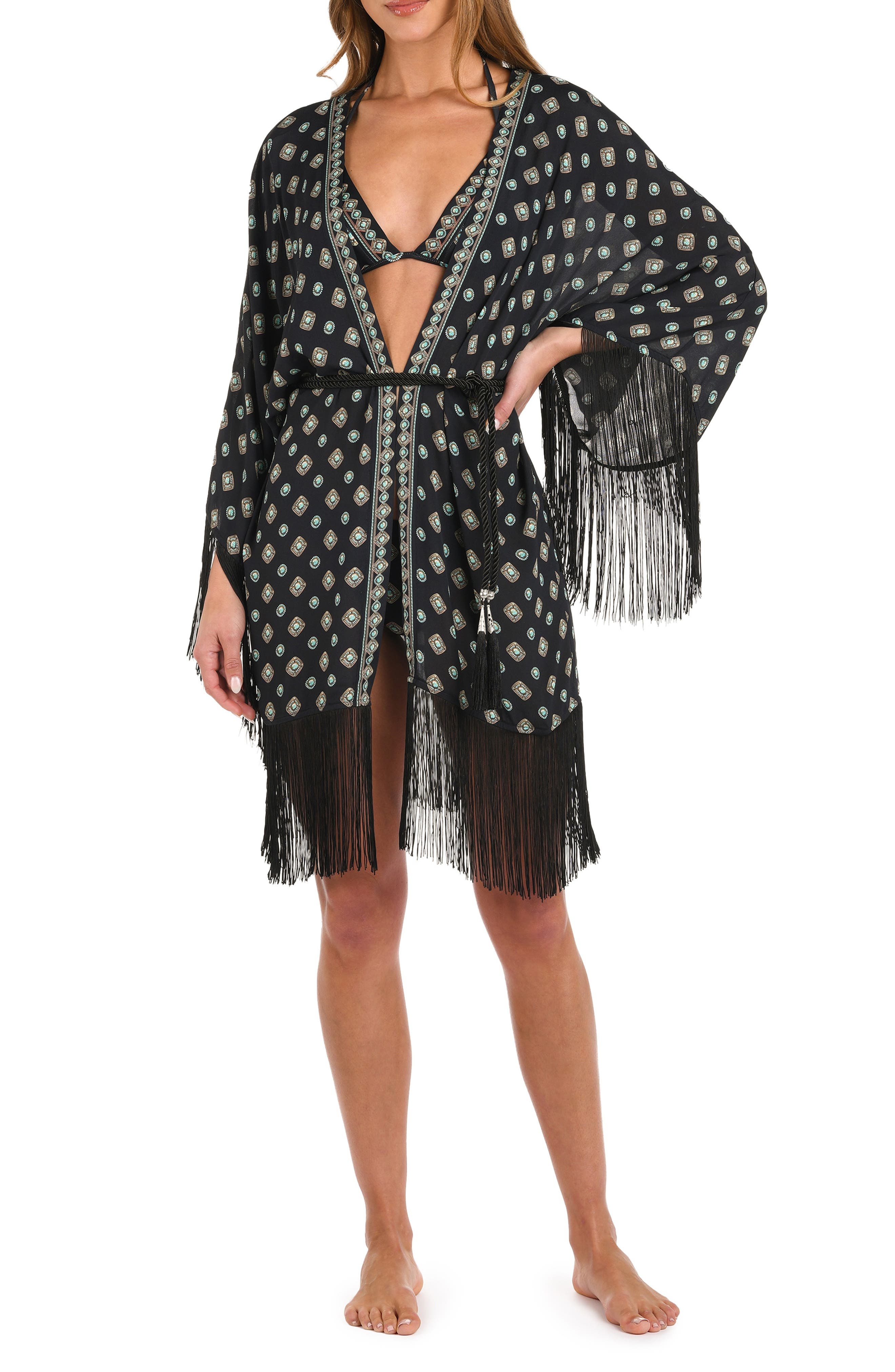 L'AGENCE Caterina Southwestern Fringe Cover-Up in Black at Nordstrom - 1