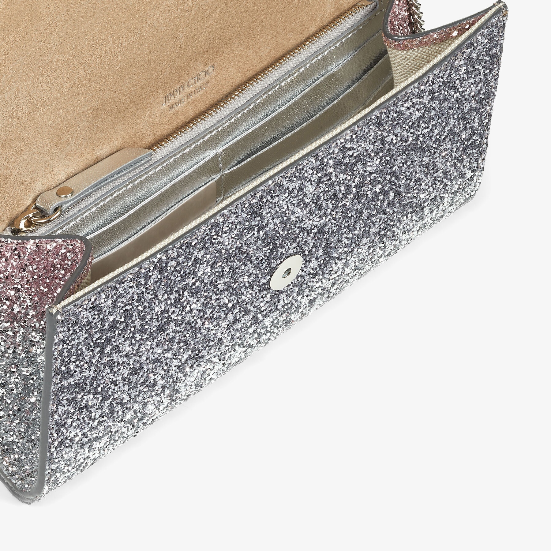 Emmie
Ballet-Pink, Silver and Anthracite Triple Dégradé Glitter Fabric Clutch Bag - 3