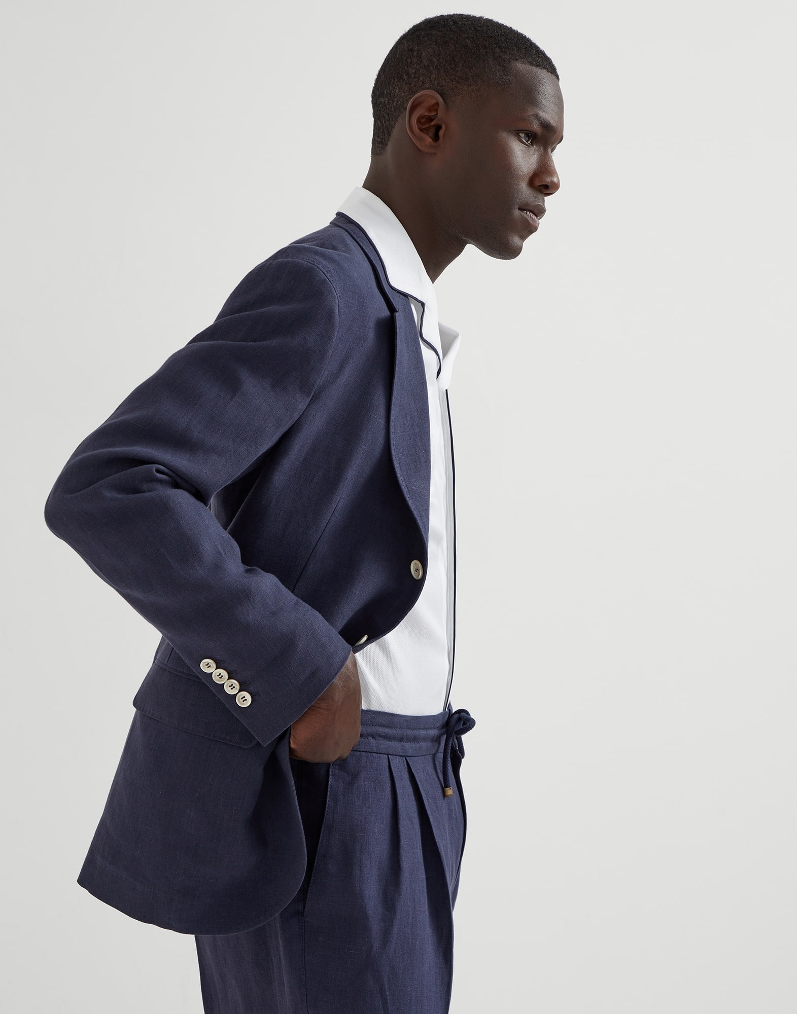 Honeycomb texture cotton easy fit shirt with camp collar and piping - 4