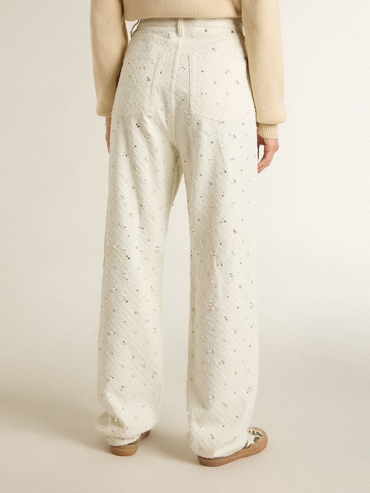 Women's white denim pants with beading and crystals - 4