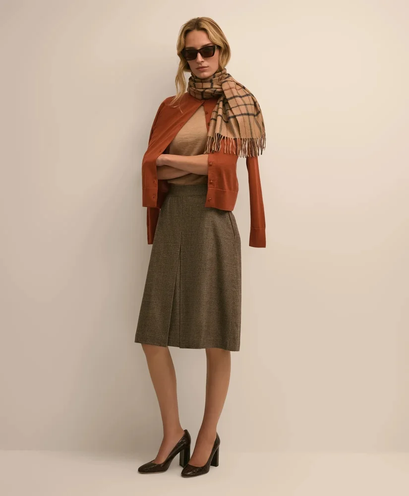 Wool Blend Pleated Houndstooth Skirt - 1