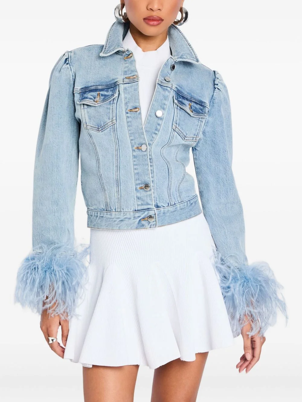 Liby puff-sleeve feather-trimmed denim jacket - 1