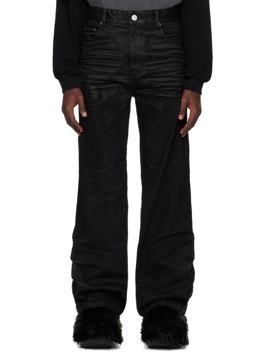 Black Distressed Thread Jeans - 1