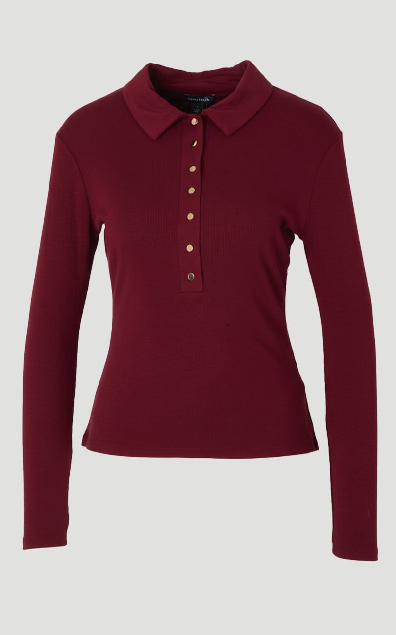Viscose Rib Jersey Long Sleeve Collared Button Top - 1