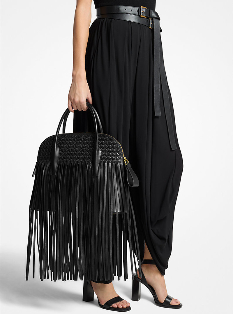 Kaitlin Large Fringed Woven Leather Dome Satchel 3