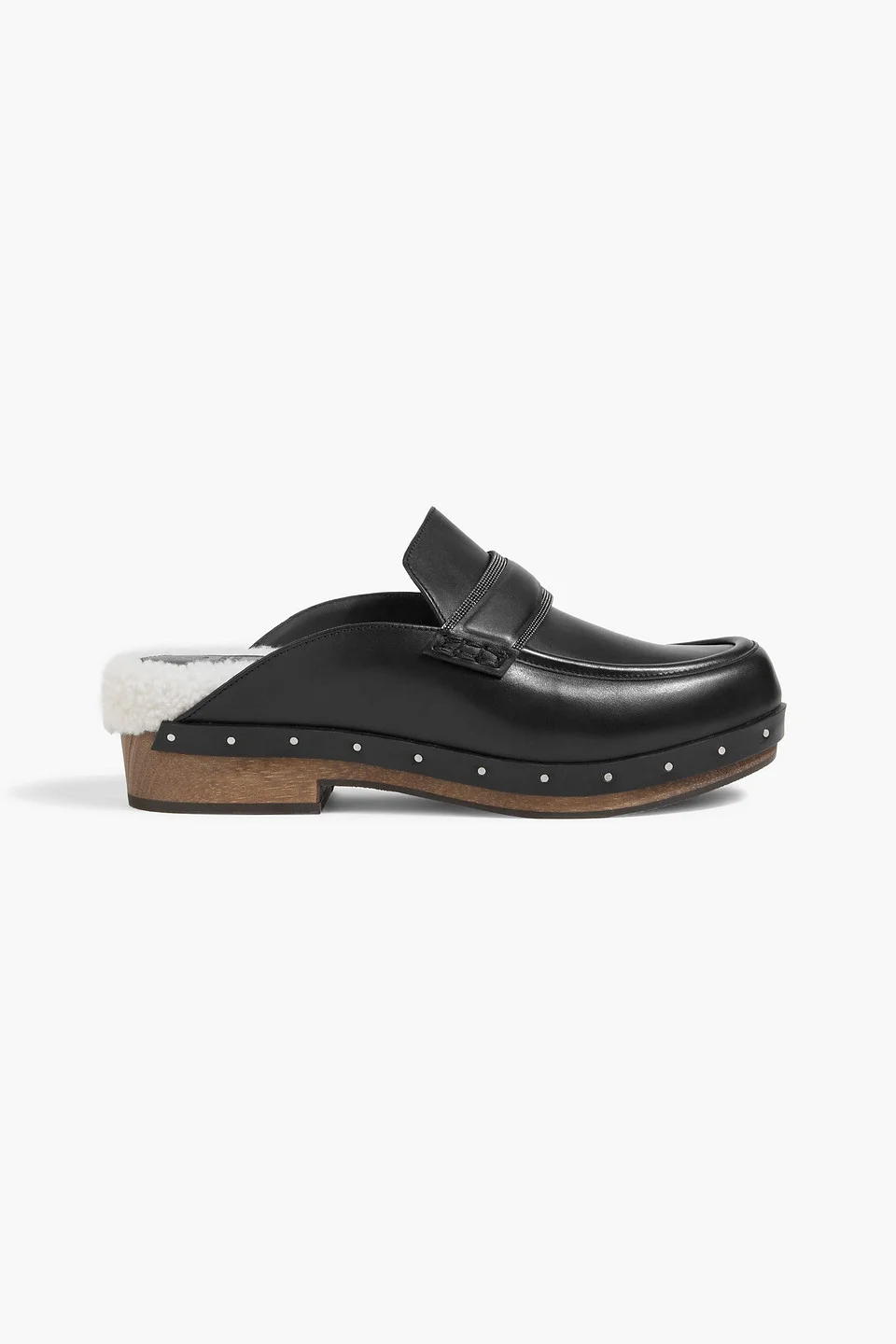 Shearling-lined bead-embellished leather clogs - 1