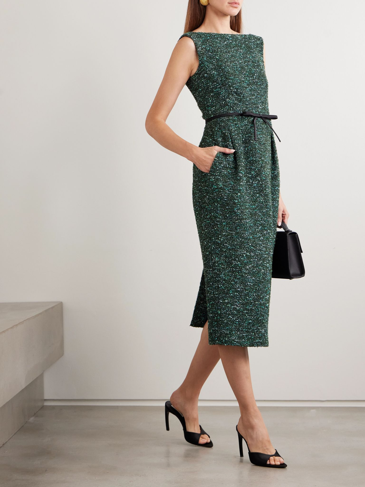 Bow-detailed bouclé-tweed midi dress Green - 2