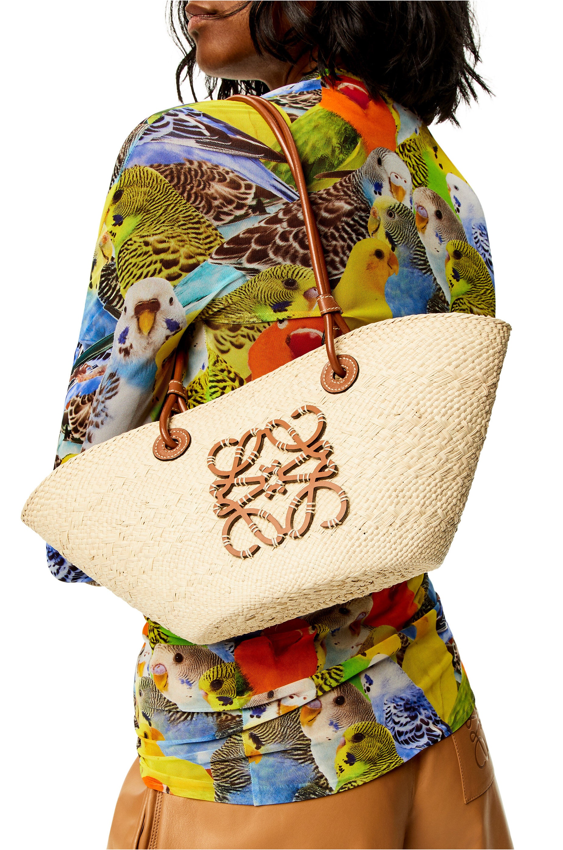 Loewe Small Anagram Basket bag in iraca palm and calfskin