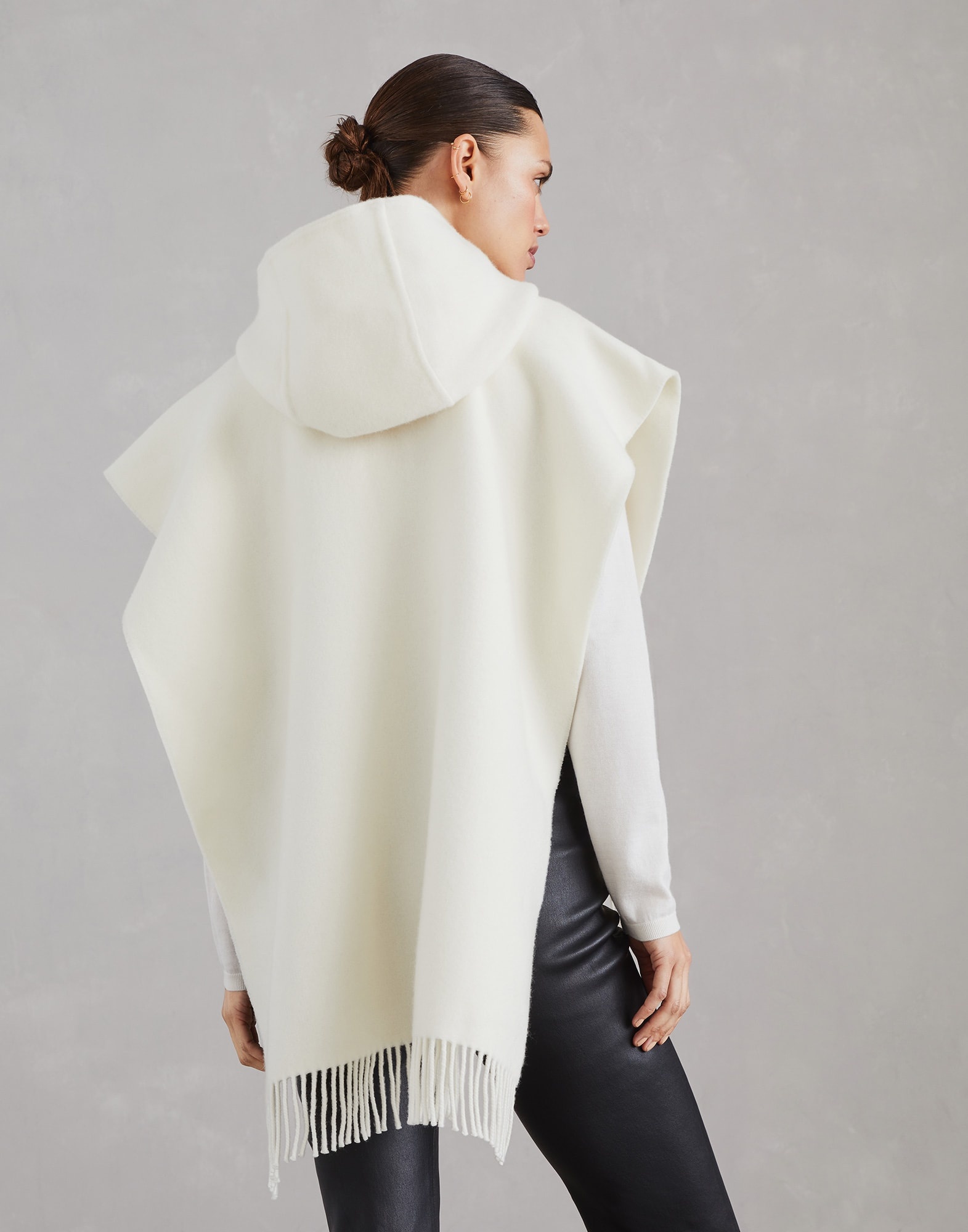Wool and cashmere double knit poncho with hood and fringe - 2
