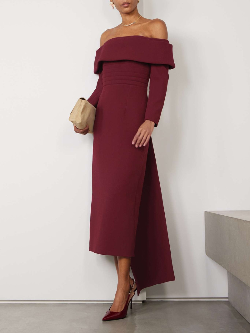 EMILIA WICKSTEAD Derika off-the-shoulder pleated textured-crepe gown Burgundy outlook