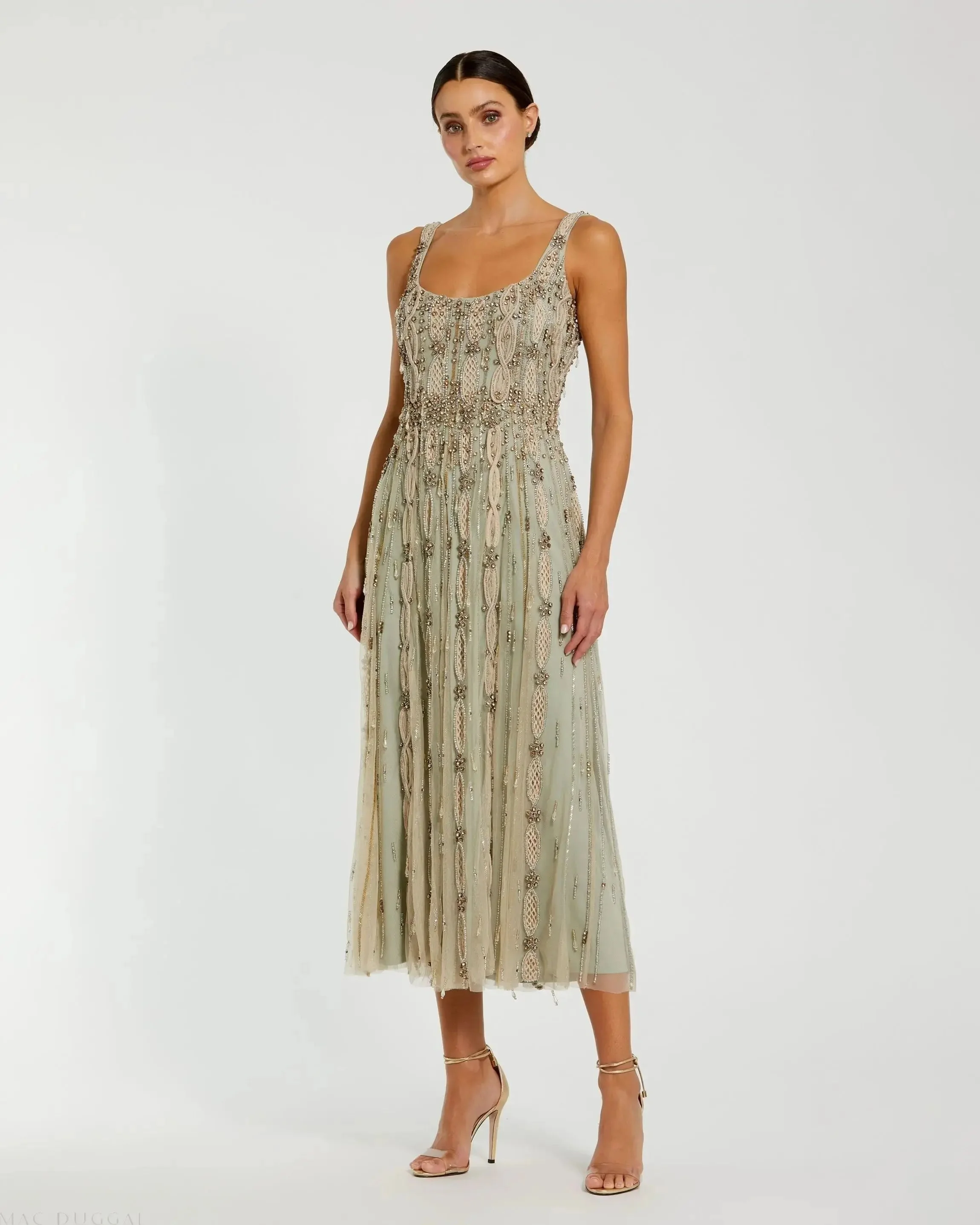 Nude Sage Sleeveless Scoop Neck Embellished Midi Dress - 1