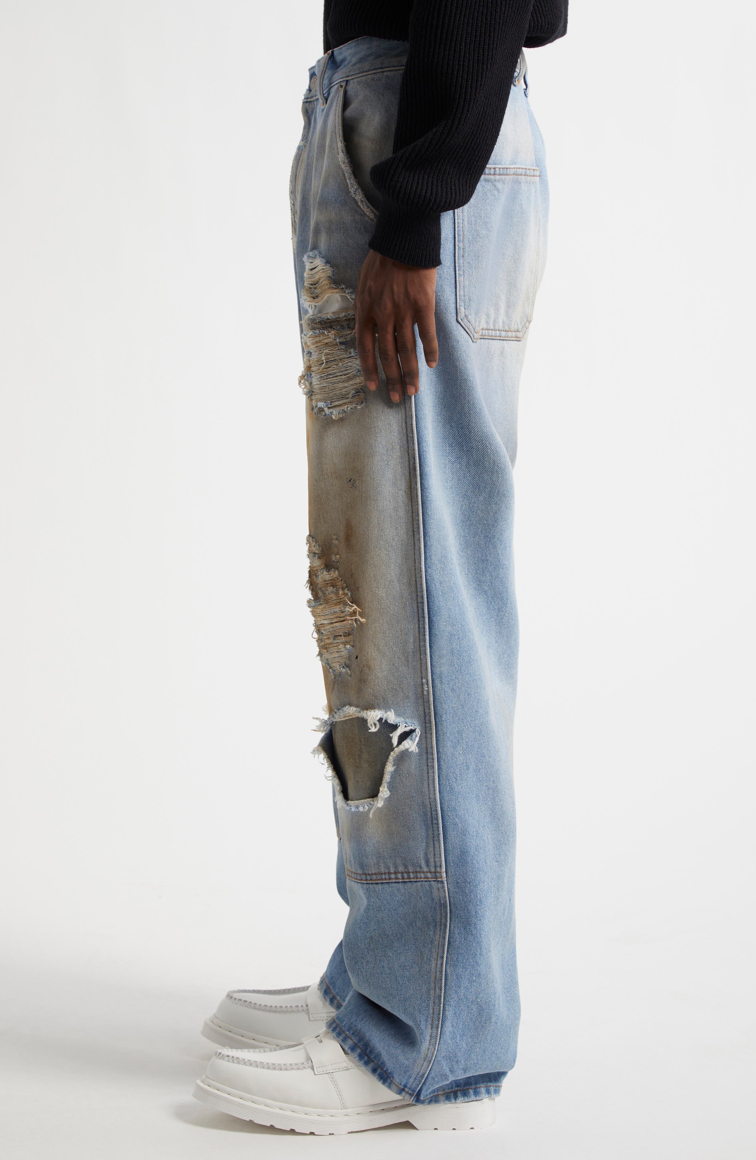 MM6 Maison Margiela Rip & Repair Straight Leg Jeans in Medium Blue at Nordstrom - 4