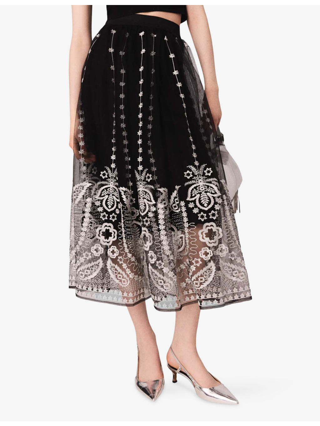 Floral-Embroidered High-Waist Tulle Maxi Skirt - 3