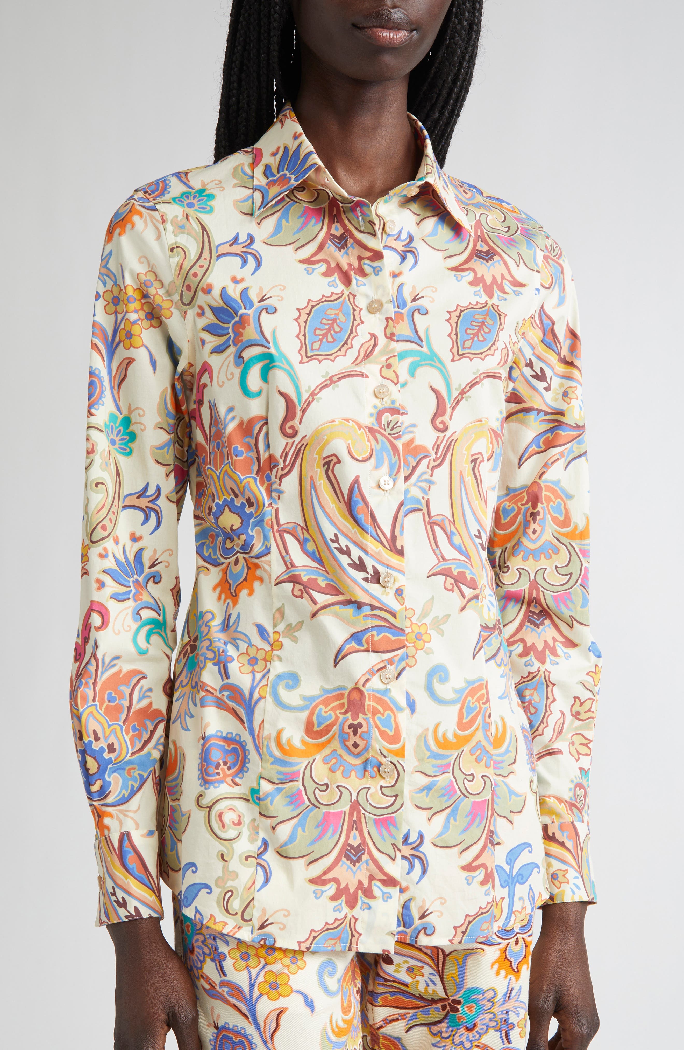 Etro Floral Paisley Stretch Poplin Button-Up Shirt in Stampa F.do Bianco at Nordstrom - 5