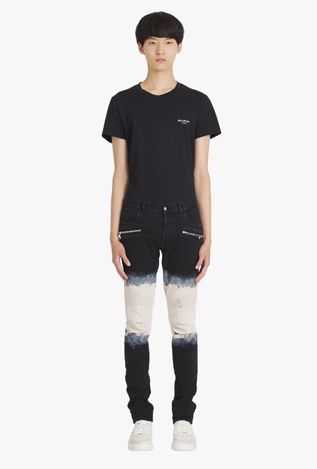 Slim cut black and white tie-dye ribbed cotton jeans - 4