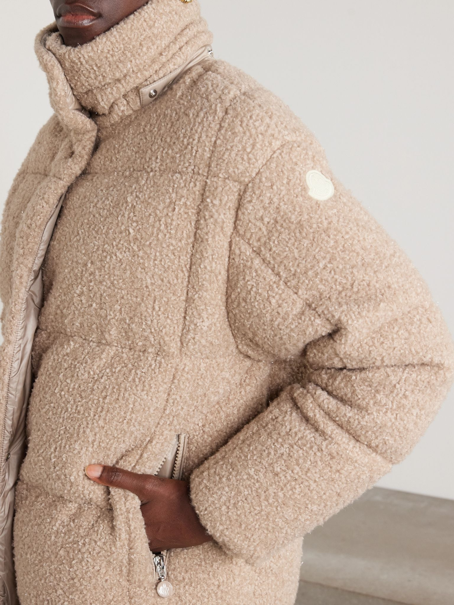 Appliquéd quilted metallic bouclé hooded down jacket Beige - 6