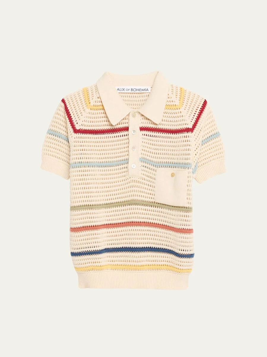 Lessi Stripe Crochet Polo Top - 1