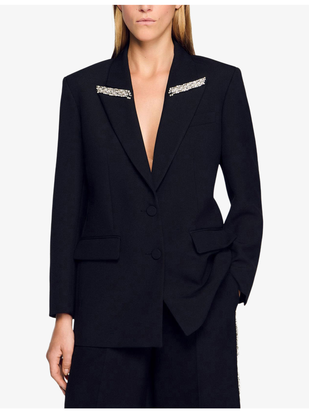 Rhinestone-Embellished Single-Breasted Woven Jacket - 3