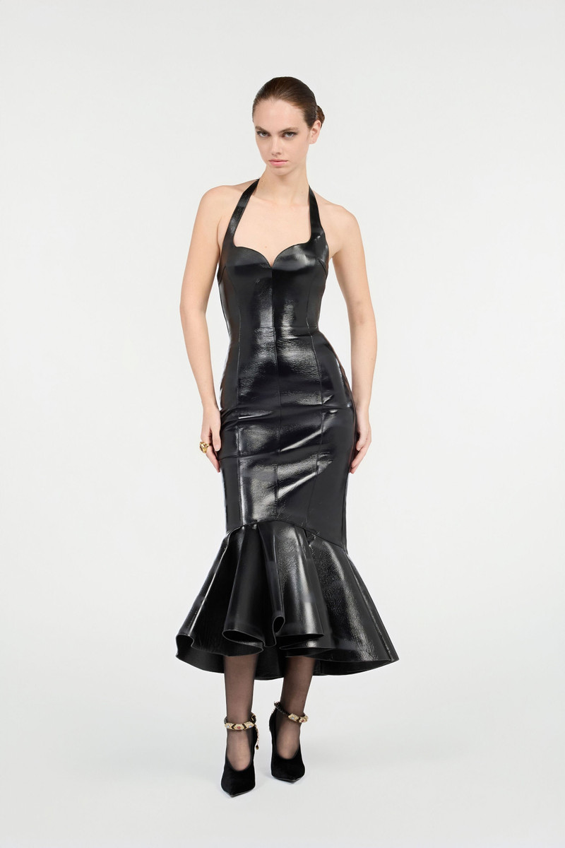 Roberto Cavalli Black Genuine Leather Midi Dress outlook