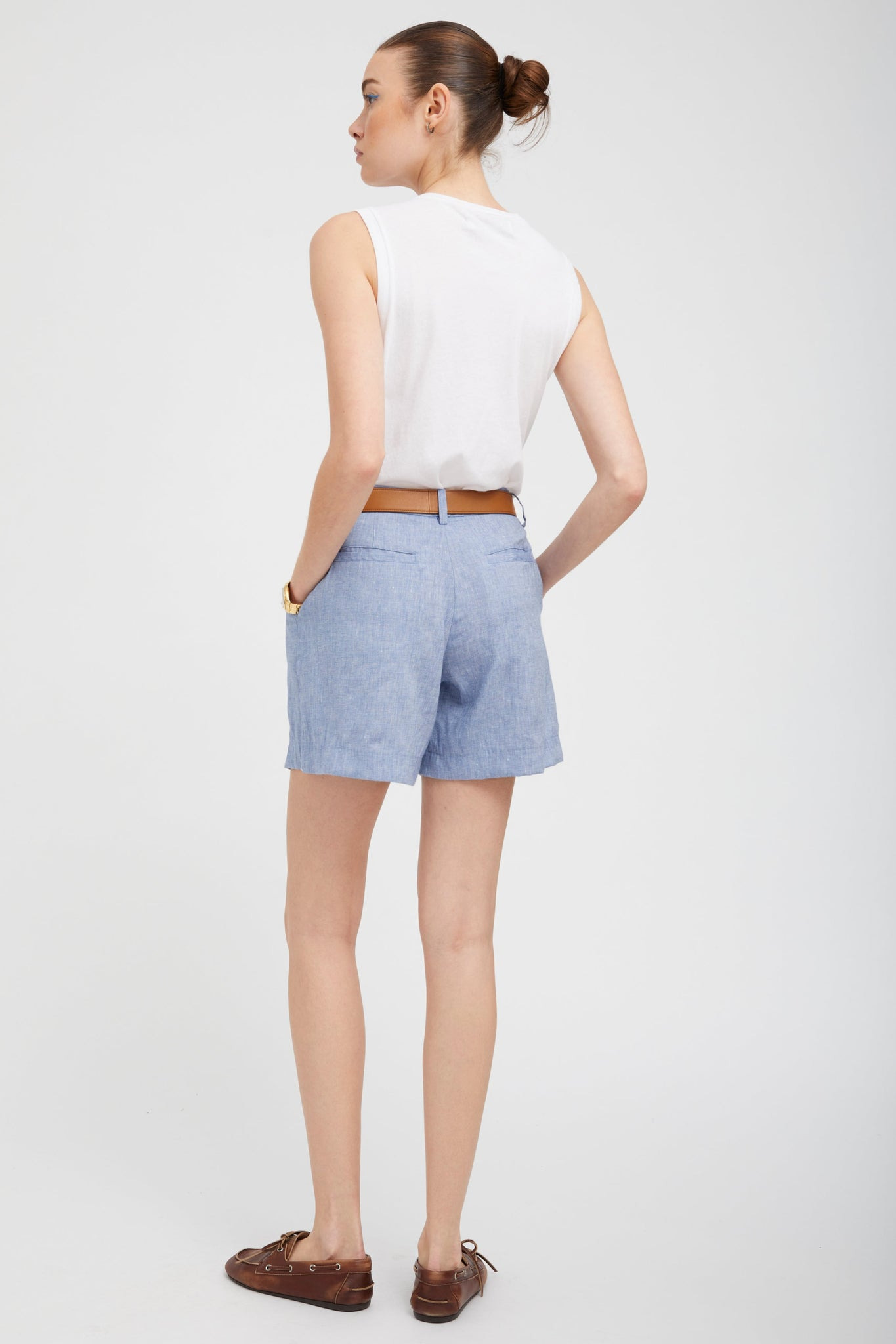 BLUE LINEN PLEATED TROUSER SHORTS - 4