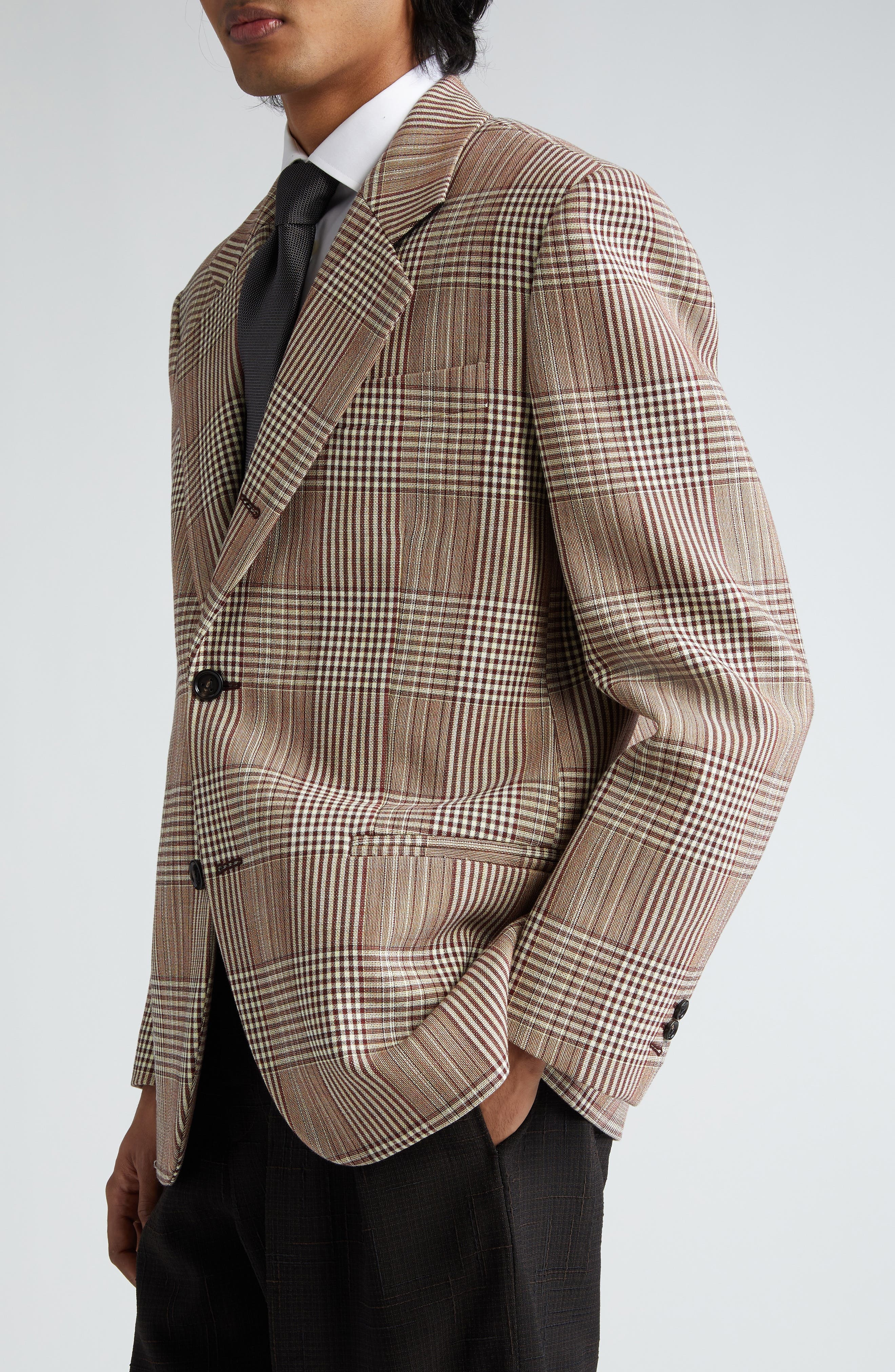 Bottega Veneta Relaxed Fit Check Double Face Cotton Blend Blazer in Brown/White/Yellow at Nordstrom - 5