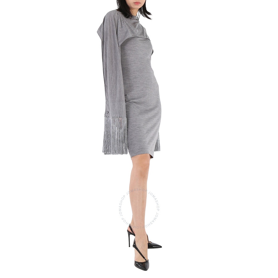 Burberry Cloud Grey Merino Wool Sleeveless Dress With Fringed Capelet - 4