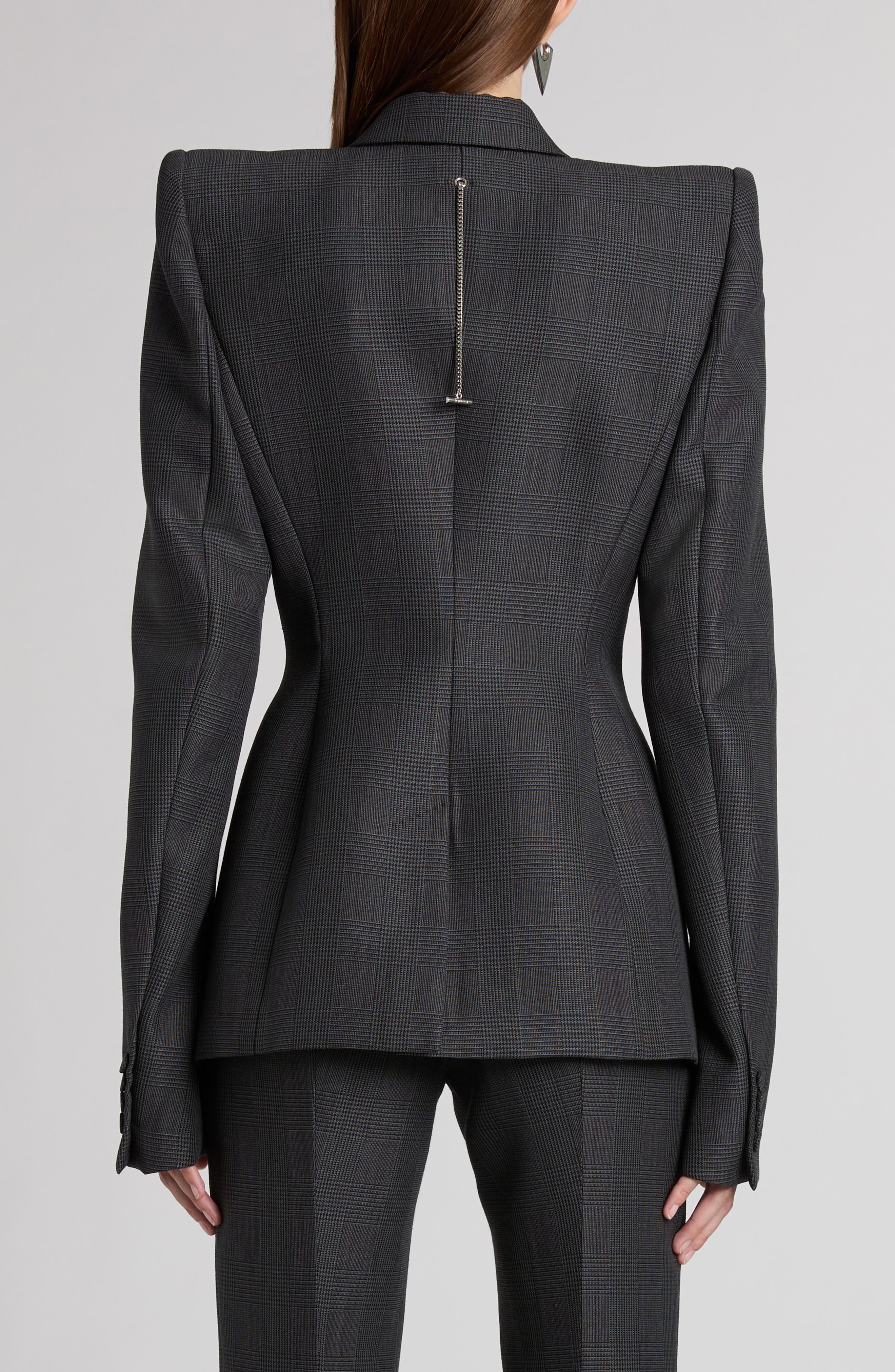 McQueen Glen Plaid Stacked Shoulder Wool & Mohair Blazer in Black - 3