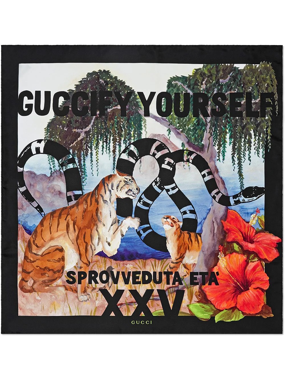 multicoloured "Guccify Yourself" print silk scarf - 1