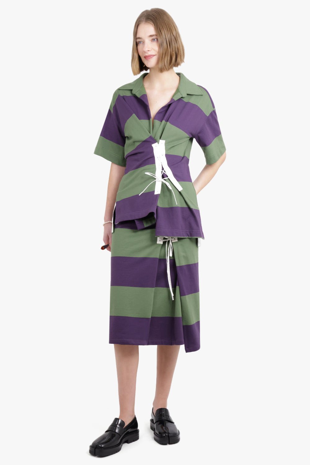 CROSS STITCH TIE SIDE DETAIL STRIPE MIDI SKIRT | DARK PURPLE - 2