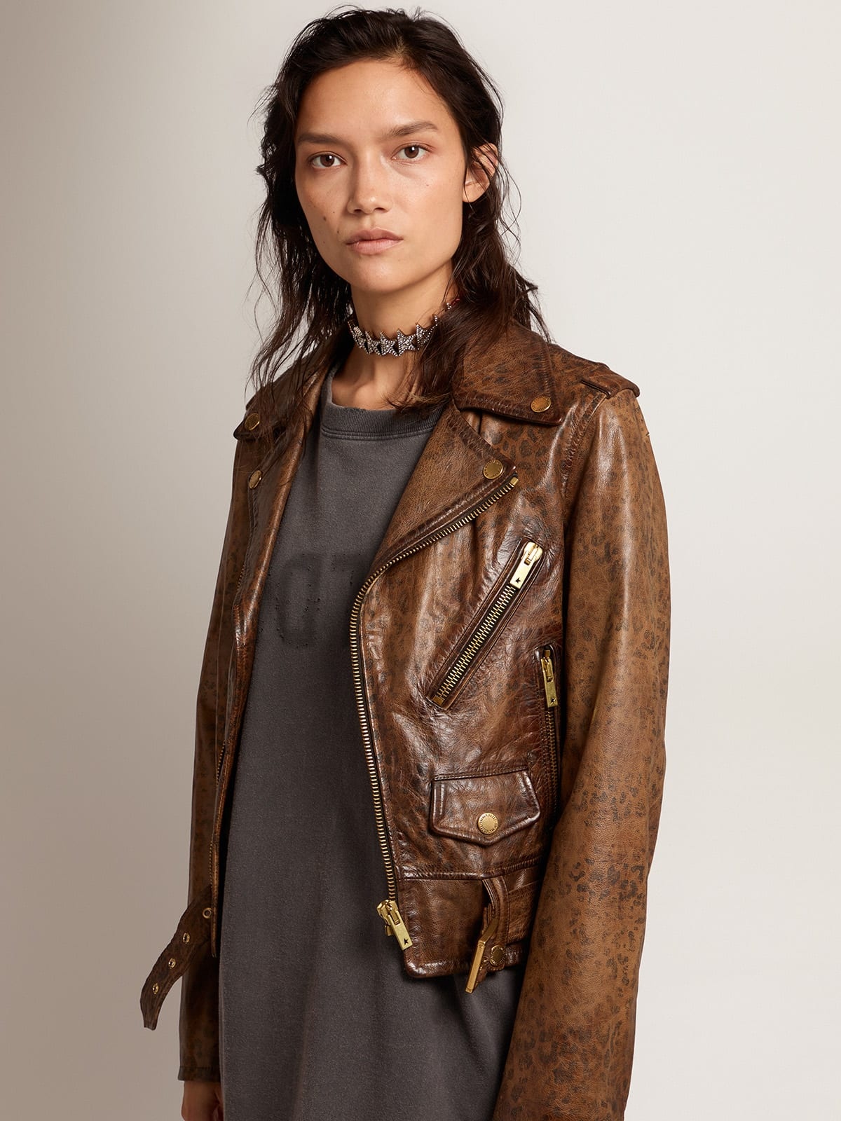 Women's distressed leather biker jacket with animal print - 2